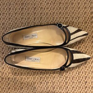 Jimmy Choo Zebra Fir Flats with blue stone on leather strap size 41